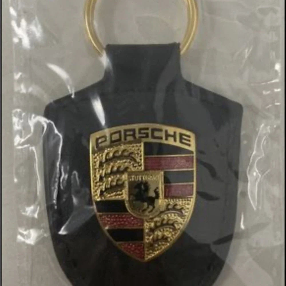 Black Porsche Leather Crest KeyRing Key Chain New‎